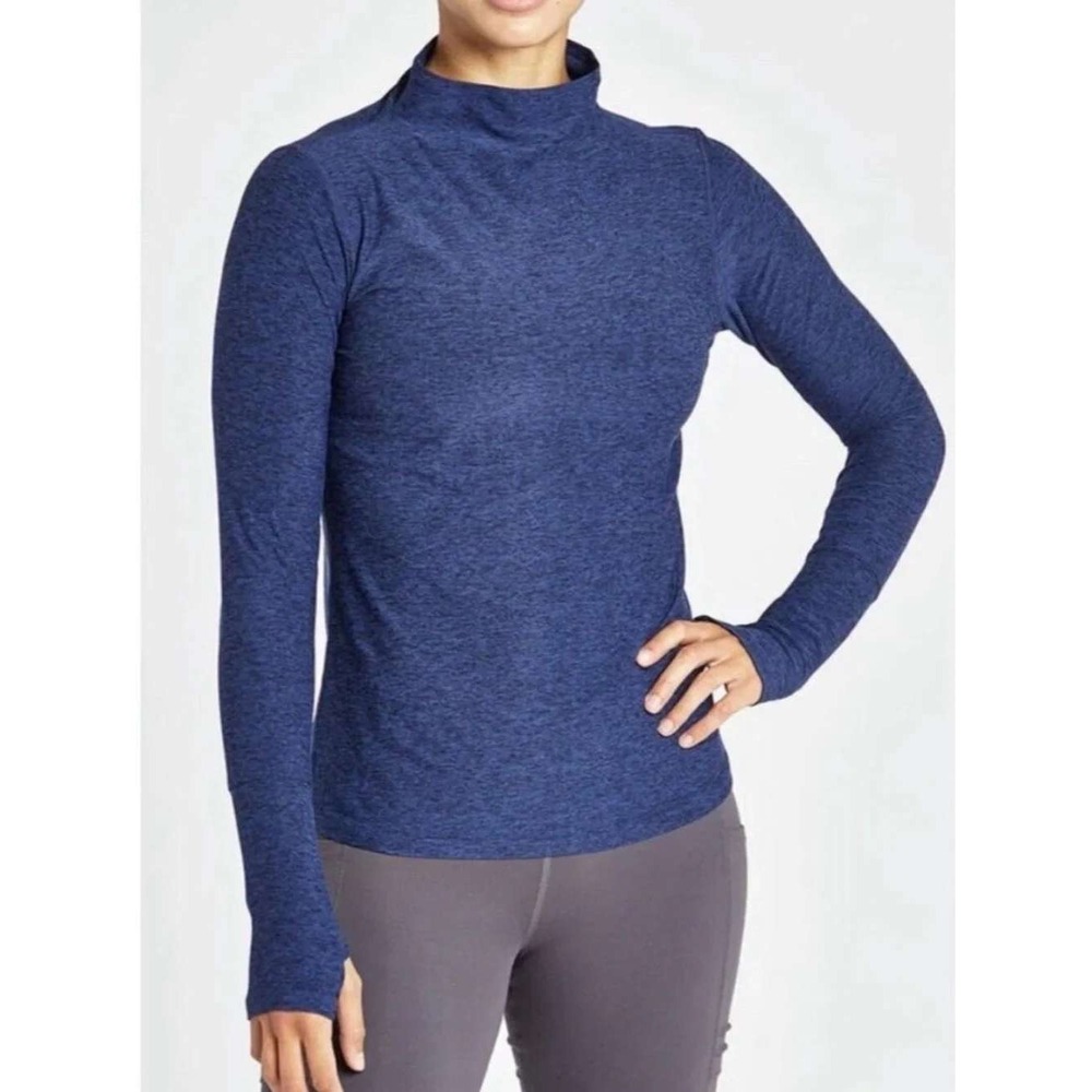 Oiselle Funnel Neck Top Women 6 Navy Blue Heathered Lux Long Sleeve Thumbholes
